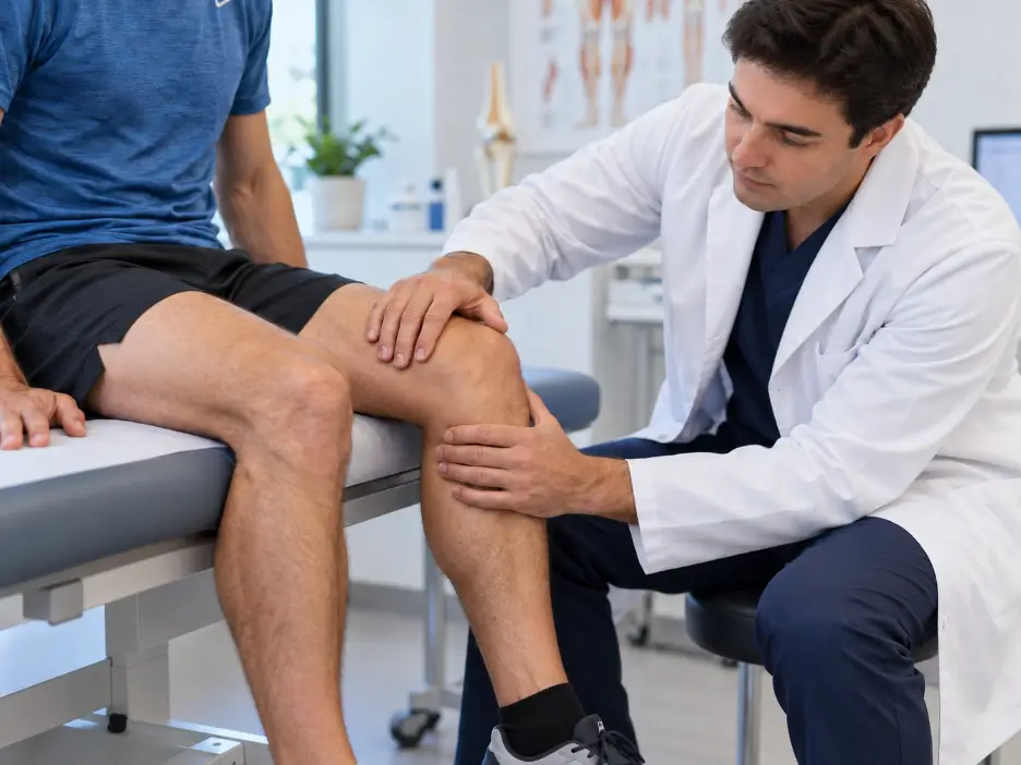 Traumatólogo-haciendo-una-exploración-física-de-rodilla-en-consulta